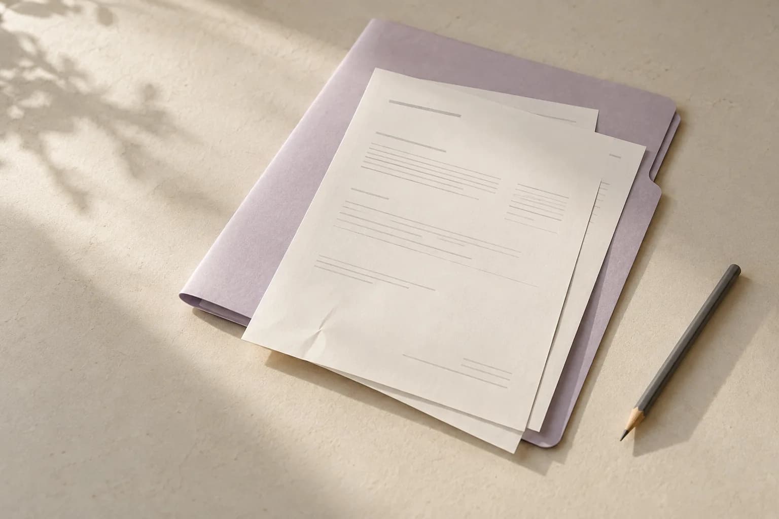 A lilac paper folder, household paperwork and a pencil on a light table.