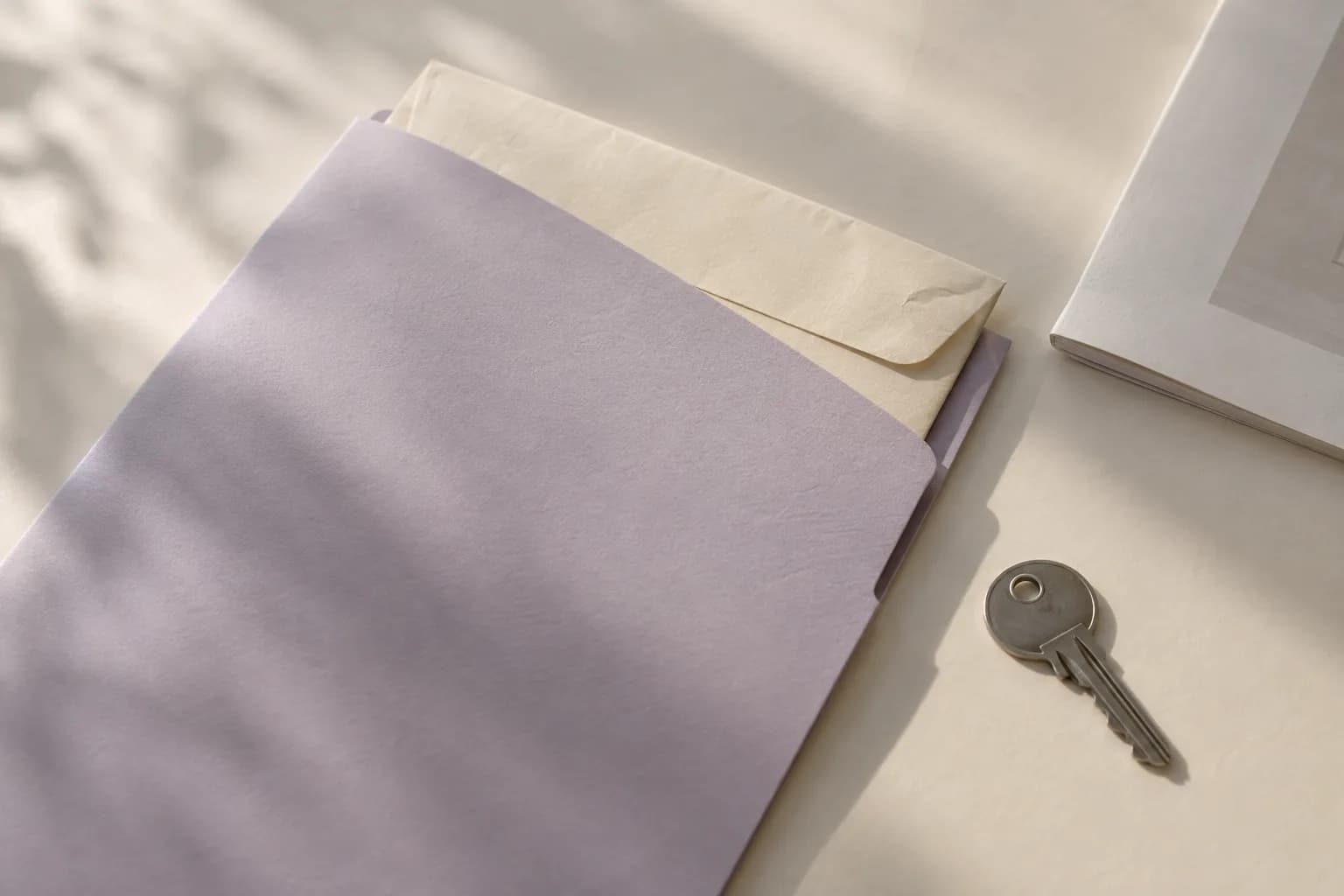A simple folder, warranty envelope, household manual and house key in soft daylight.